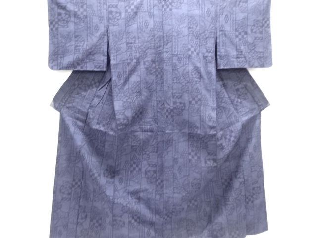 壷に草花模様織り出し本真綿結城紬単衣着物